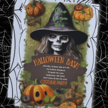 Halloween Skeleton Witch w/ Spiderwebs & Pumpkins