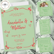 Green Red Hand Drawn Heart Whimsical Wedding