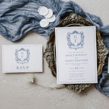 Blue Elegant French Roses Monogram Crest Wedding