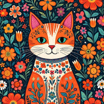 Whimsical Folk Art Cats and Dogs with Flowers