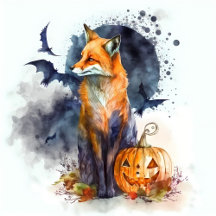 Halloween Watercolor Fox Pumpkin and Bats