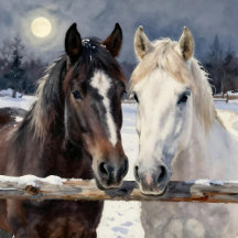 Two Horses behind a Rustic Fence on Snowy Winter