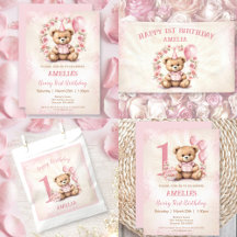 Pink Teddy Bear 1st Birthday Girl