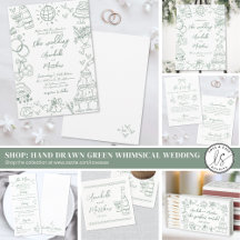 Hand Drawn Quirky Whimsical Sage Green Wedding