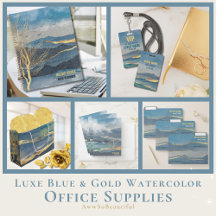 Luxe Blue Gold Watercolor Office Supplies