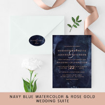 Navy Blue Watercolor with Rose Gold - Wedding