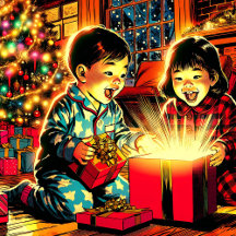 Asian Children Opening Christmas Gifts