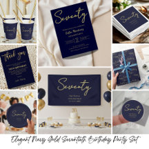 Elegant Navy Gold Seventieth Birthday Party Set