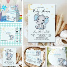 Watercolor Elephant Baby Shower Boy, Blue and Gray