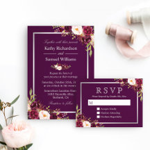 Plum Purple Floral Silver Gray Invitation Suite