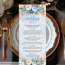 Dusty Blue White Gold Floral Wedding Menus 210W