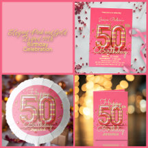 Elegant Striped Pink and Gold 50th Birthday