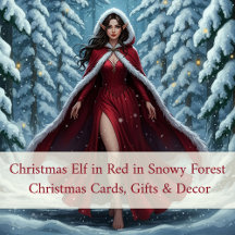 Christmas Elf in Red in Snowy Winter Forest