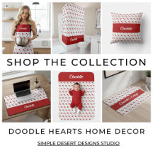 Red Black Doodle Hearts Monogram Name Home Decor