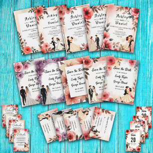 Aquarellfarbene Blumendusty Blush Pink Paare Hochz Einladung