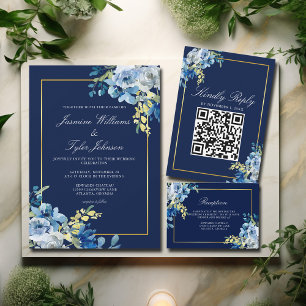 Hochzeitsfeier für Navy Blue Gold Floral Elegant Q RSVP Karte