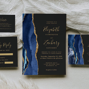 Moderne Navy Blue Gold Agate Dark Wedding RSVP Car