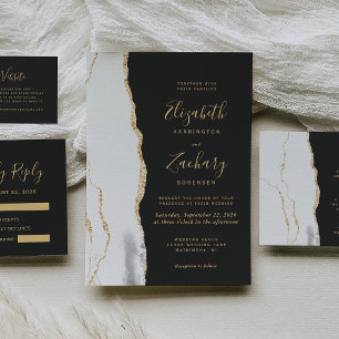 Moderne Gray White Gold Agate Dark Wedding RSVP Karte