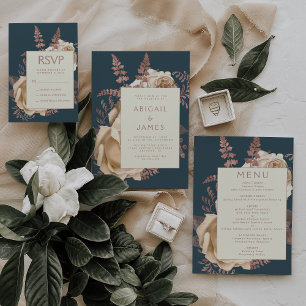 Elegante Flora Ivory Rose Gold Aquamarine Hochzeit Begleitkarte