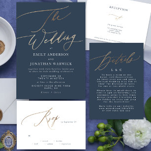Gold Classic Navy Blue Calligraphy Empfang Einladung