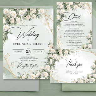 Boho White Roses Blumengarten Grün und Gold Tischnummer