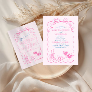 Funky Retro Hand gezeichnete Champagner Tower Wedd RSVP Karte