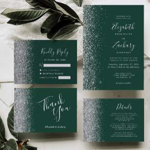 Moderne Smaragdgrüne Silber-Faux-Glitter-Hochzeit Einladung