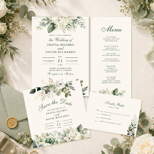 Boho Hellgrün und Elfenbein Wilde Blumen Hochzeit Einladung