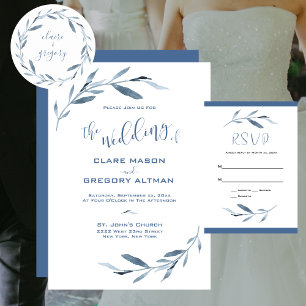Blätter Hochzeit in Blau und Weiß Einladung