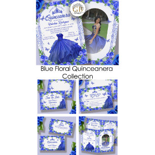 Royal Blue Floral Quinceanera Save the Date