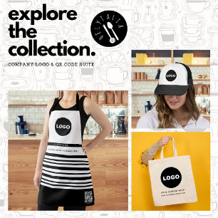 Firmenlogo QR Schwarz-weiß Streifen Name des Mitar Schürze