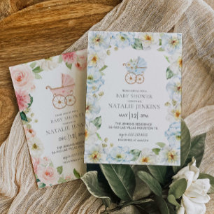 Blue Floral Boy Baby Dusche Einladung