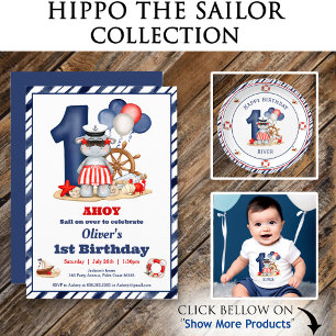Niedlich Hippo Nautical 1. Geburtstagskinder Baby T-shirt