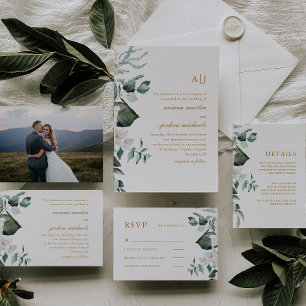 Schöne Hochzeit mit weißer Blüte und Grün All In One Einladung