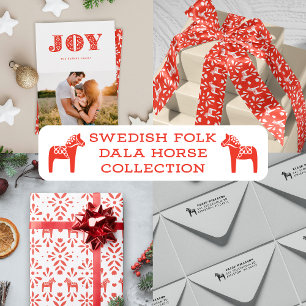 White Swedish Dala Horse Red Holiday Gift Wrap Geschenkpapier