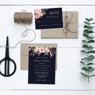 Watercolor Peonies Navy Pink Hochzeit Einladung