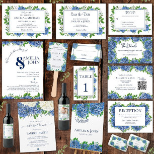 Elegantes Blue Hydrangeas Hochzeitsessen Probe Einladung