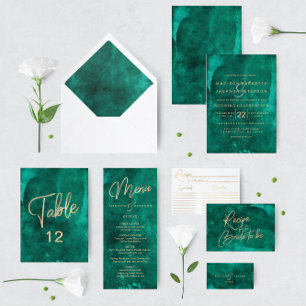 Emerald Green Watercolor & Gold Hochzeitsempfang Einladung