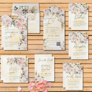 Boho Pampas & Pink Roses Cream Wedding Save The Date