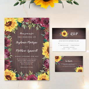 Sonnenblume Burgund Rose Border Wood Wedding Einladung