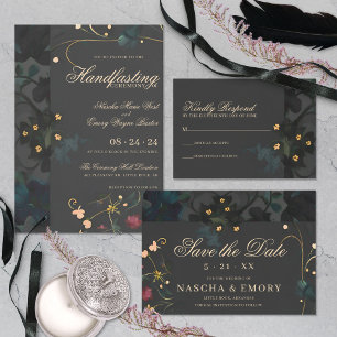 Dark Gray Moody Boho Abstrakt Floral Handfasts Einladung