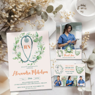 Boho Green 2 Foto Watercolor Nursing School Gradu Ankündigung