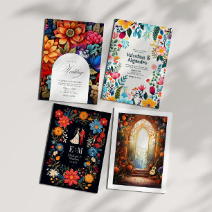 Whimsical Floral Fiesta Wedding Foto und QR Code Einladung