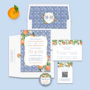 QR-Code Orangen Blau und Weiß Citrus Hochzeitsrate Begleitkarte