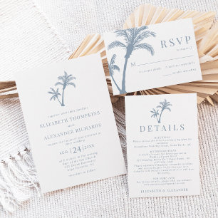 Tropical Beach Palm Tree Dusty Blue Wedding Einladung