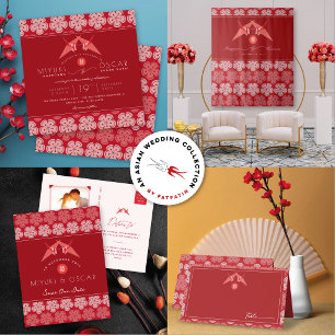 Rote Papierkran und Kirschblüten Asiatische Hochze Quadratischer Aufkleber