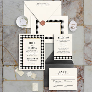 Black and Gold Checkerboard Border Wedding Quadratischer Aufkleber
