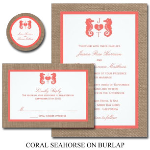 Die Coral Seepferd Burlap Beach Wedding Collection Einladung