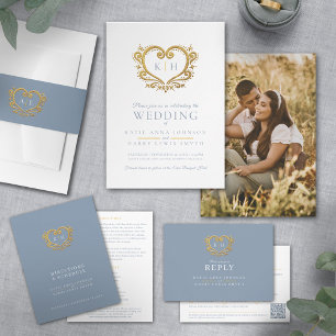 Hochzeit staubig blau weiß gold Herz Monogramm QR All In One Einladung