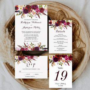 Boho Floral Burgundy Wedding Tischnummer